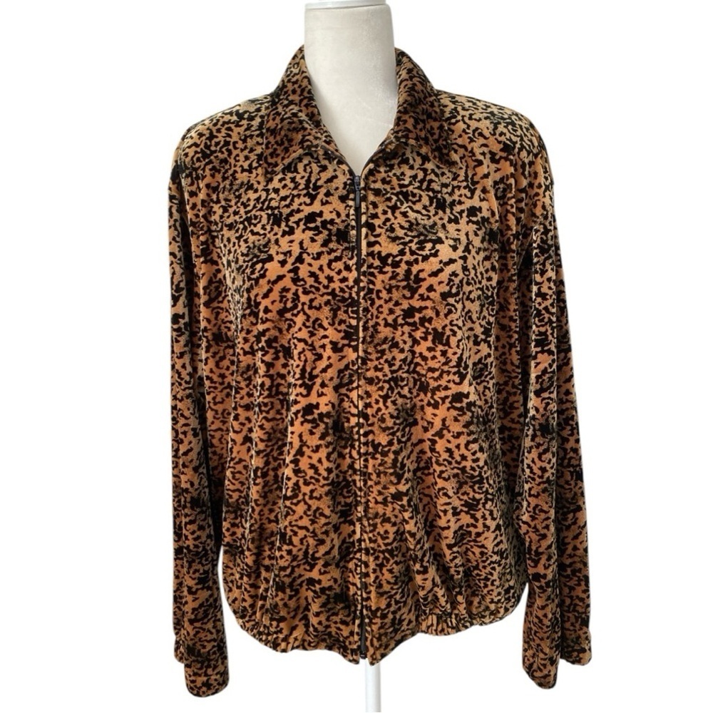 Joan Leslie Vintage Velour Zip Up Cheetah Print Jacket Size XL 1980s Shoulderpad